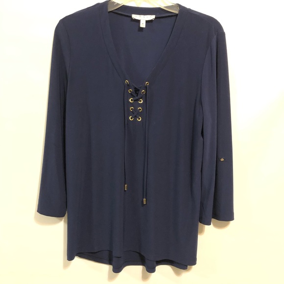 Chaus hi-lo shirt Navy lace up front sz M NWOT - Picture 2 of 8